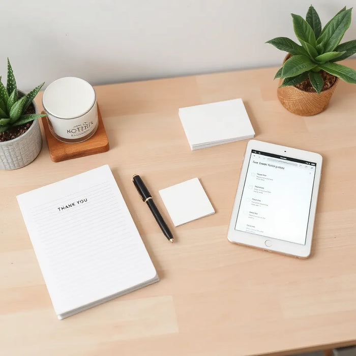 Minimal notebook, pen, and thank-you cards on a desk beside a tablet with blank checkbox grid