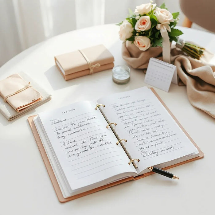 Wedding planning materials laid out on a table with an open organizer and pen