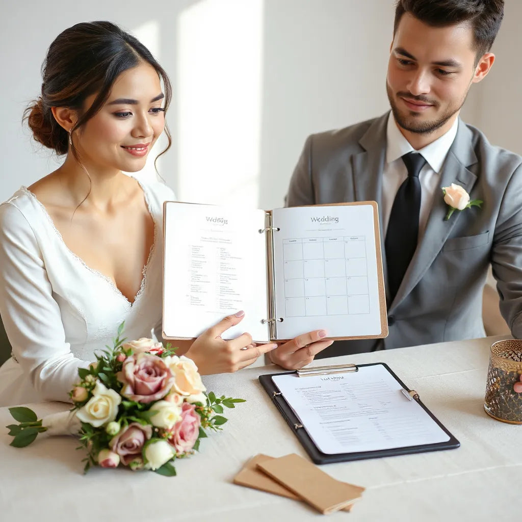 Wedding planner reviewing a checklist with a couple beside a bouquet and minimal schedule binder