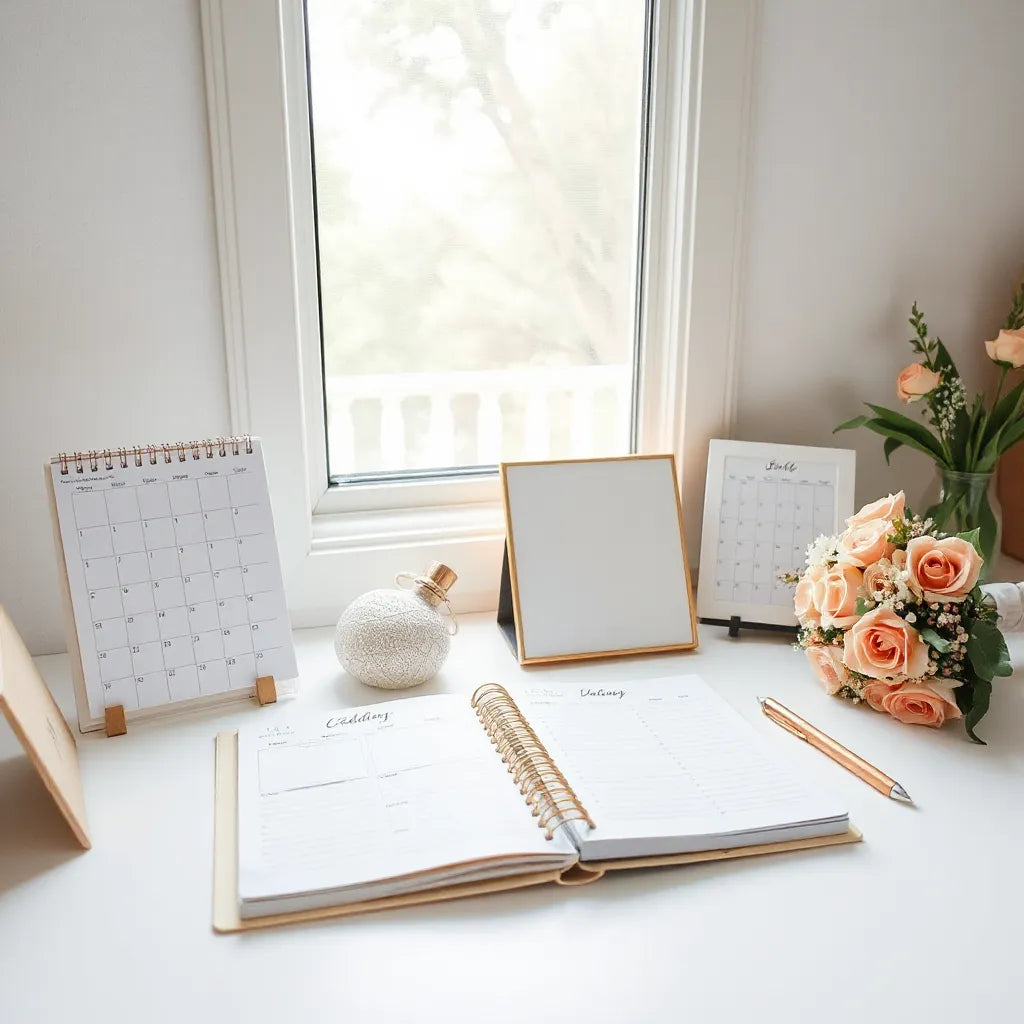 Wedding planner desk with a notebook, checklist, calendar, and a bouquet in soft natural light