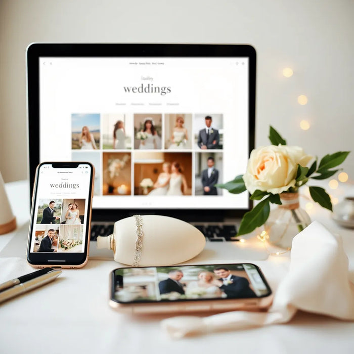 Elegant laptop and phone showing a modern wedding photo gallery layout on a warm-lit table