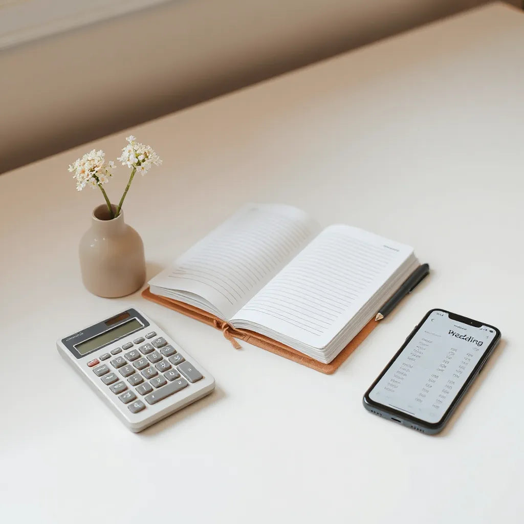 Minimal wedding budget planning setup with an open notebook, calculator, pen, and small bouquet on a desk