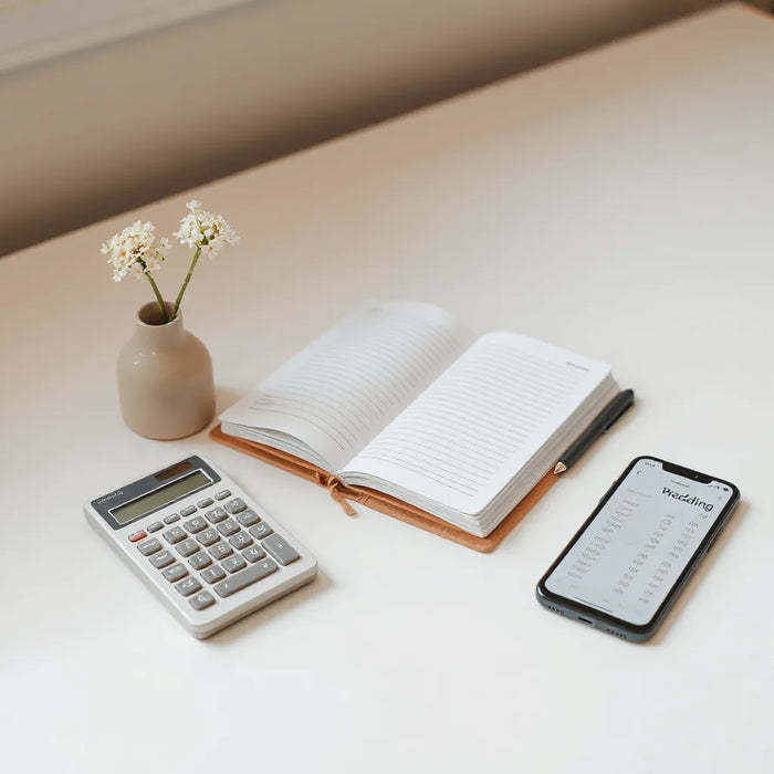 Minimal wedding budget planning setup with an open notebook, calculator, pen, and small bouquet on a desk