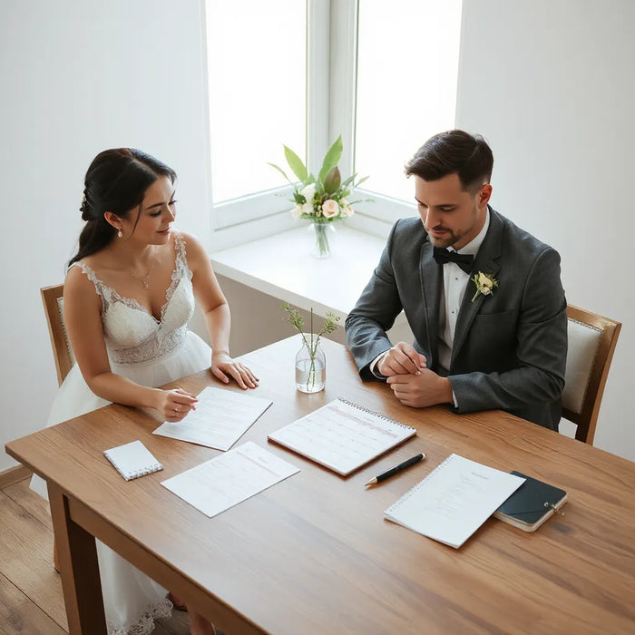 Bride and groom reviewing a printed wedding day schedule at a table with pens and planner items