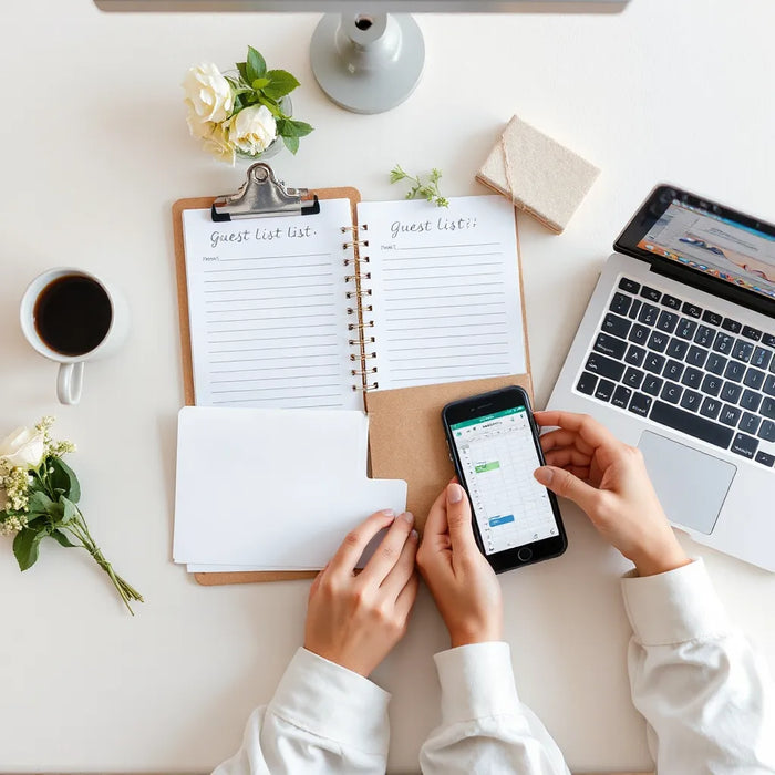 Planner organizing guest cards and RSVP notes on a clean desk with phone and laptop nearby.