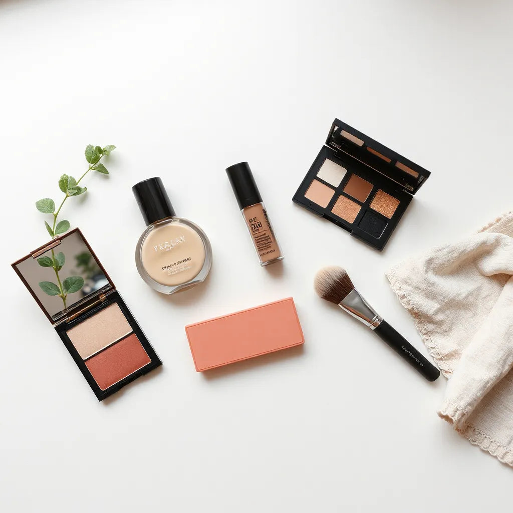 Cruelty-free makeup products and brushes arranged on a light vanity surface with a small plant