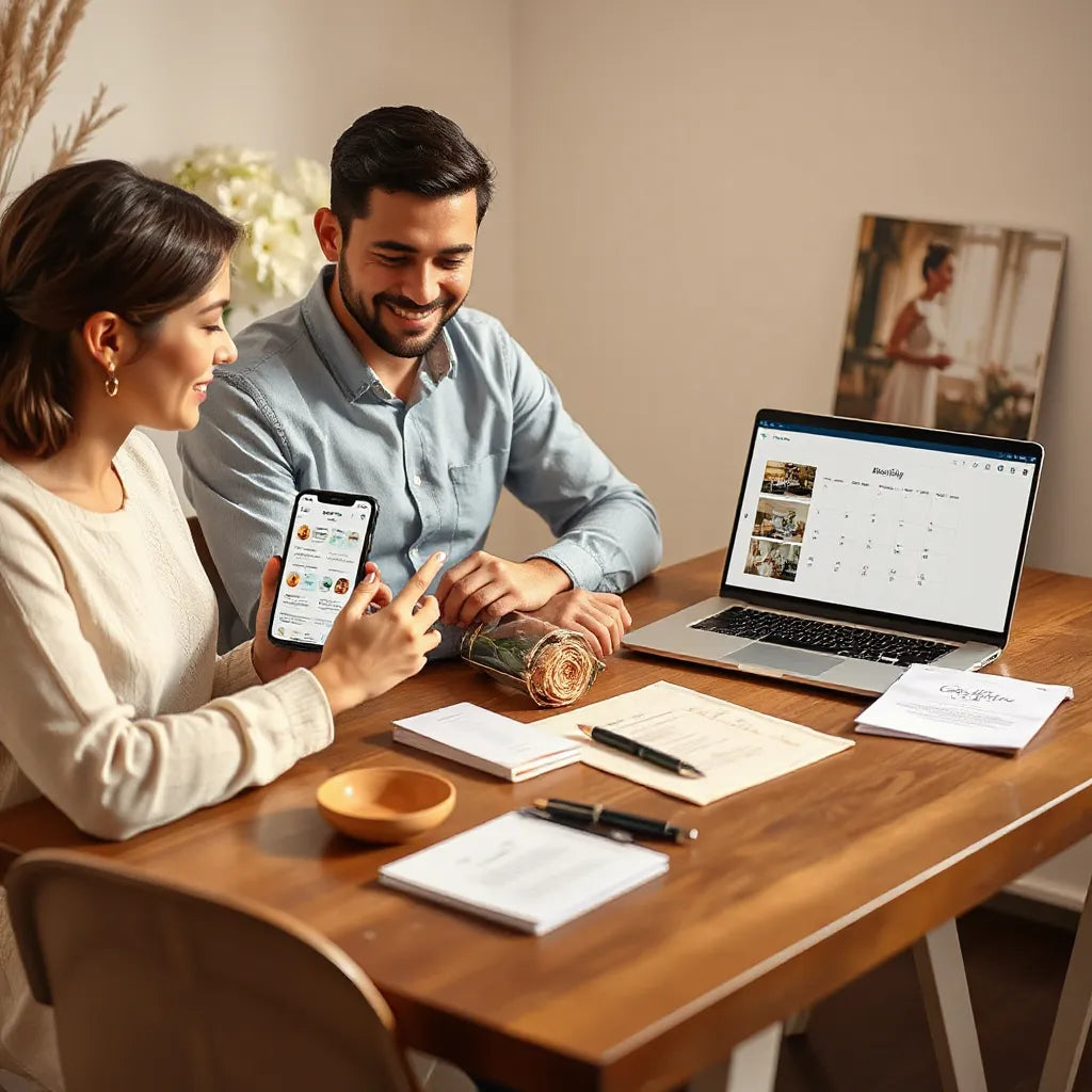 Couple reviewing wedding planning on a smartphone with a calendar on a laptop and wedding stationery on a table