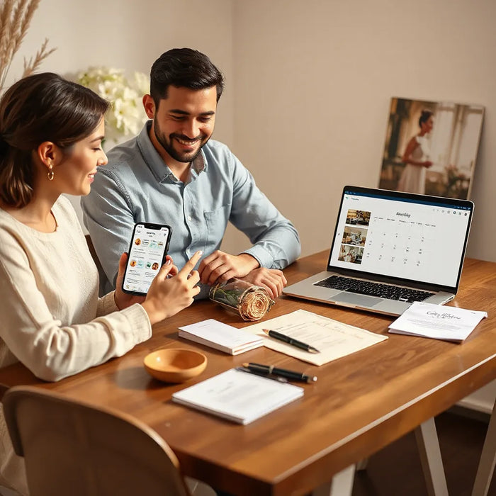 Couple reviewing wedding planning on a smartphone with a calendar on a laptop and wedding stationery on a table