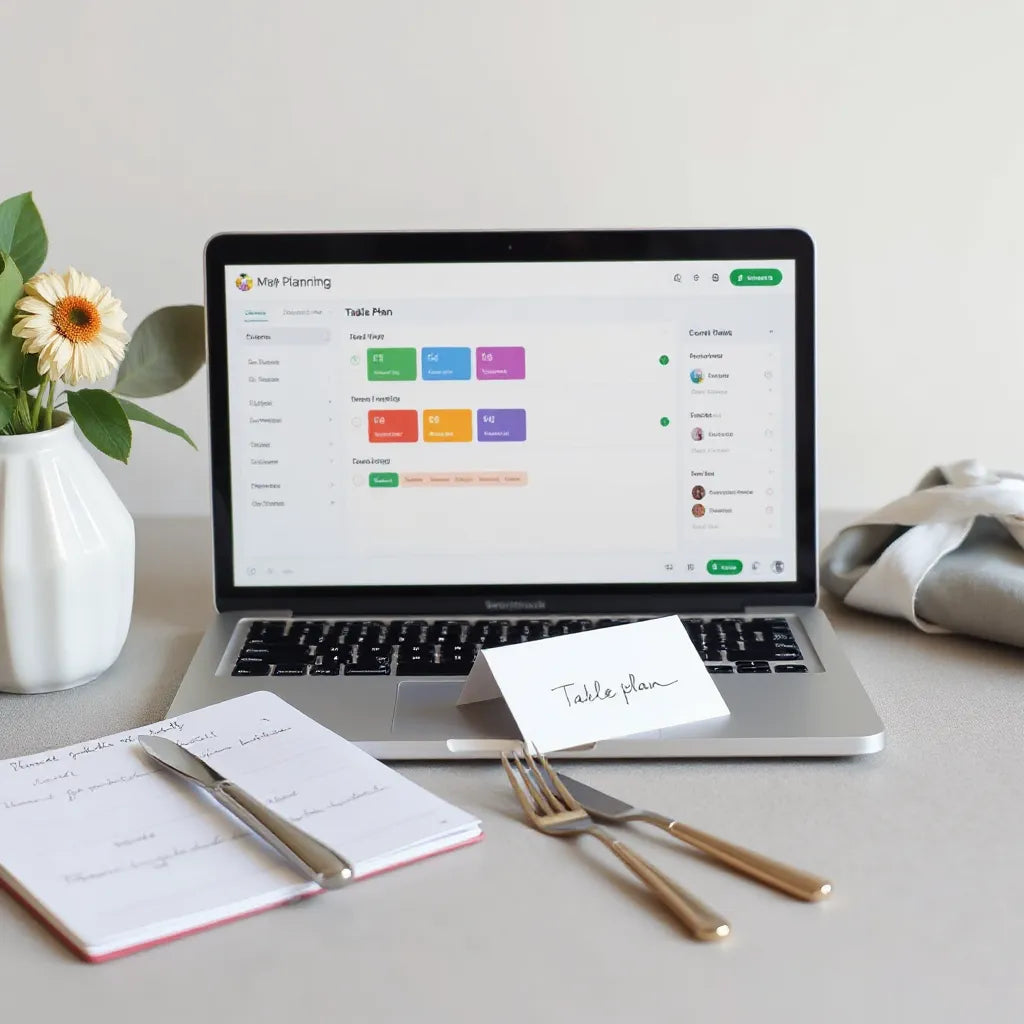 Elegant wedding planning desk with laptop menu dashboard, notes, and place cards for guest meal choices