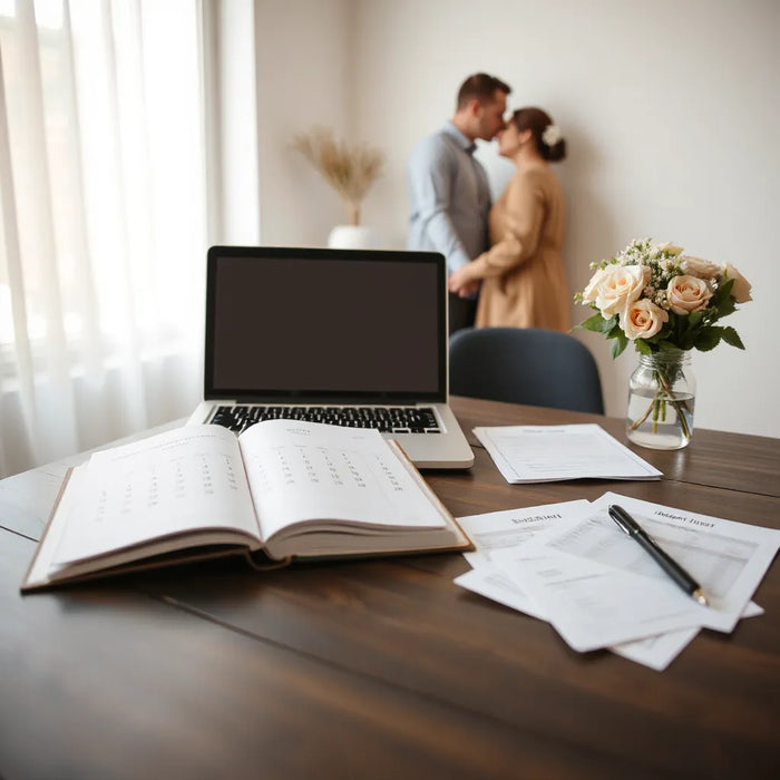 Wedding planning desk with an open planner, budget sheets, and a couple discussing arrangements.