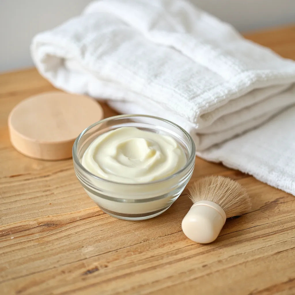 Creamy moisturizing face mask in a glass bowl with a brush on a clean vanity