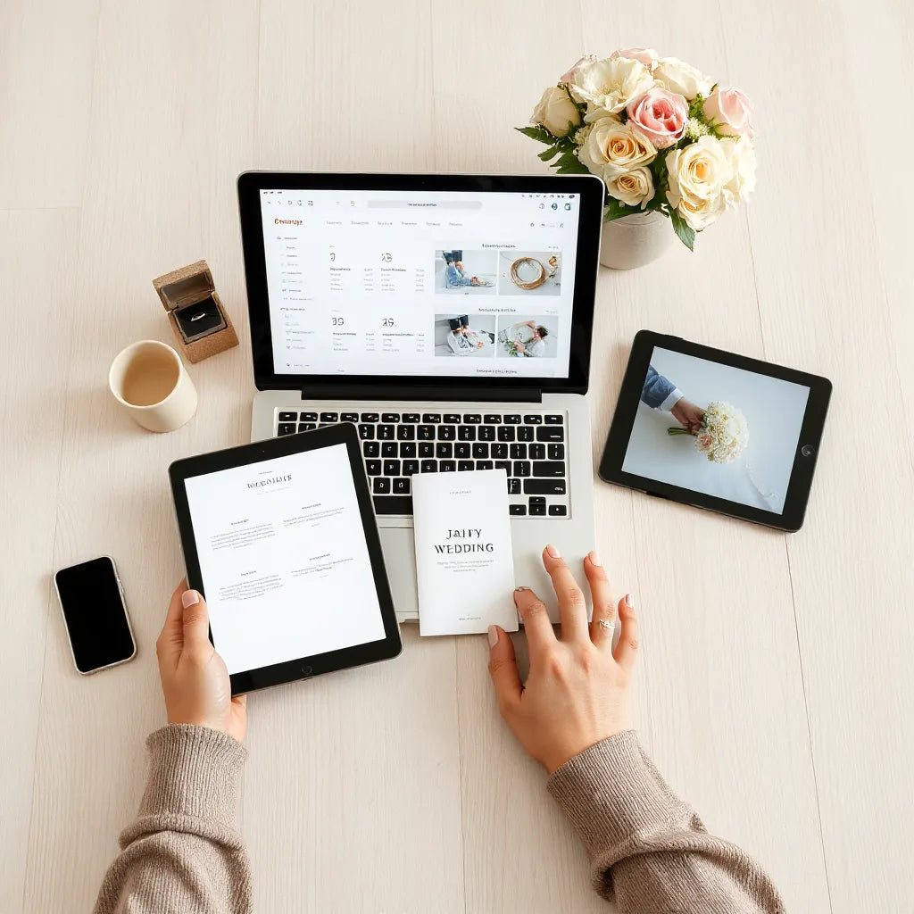 Laptop and tablet wedding planning dashboard with elegant stationery and a small bouquet on a light table