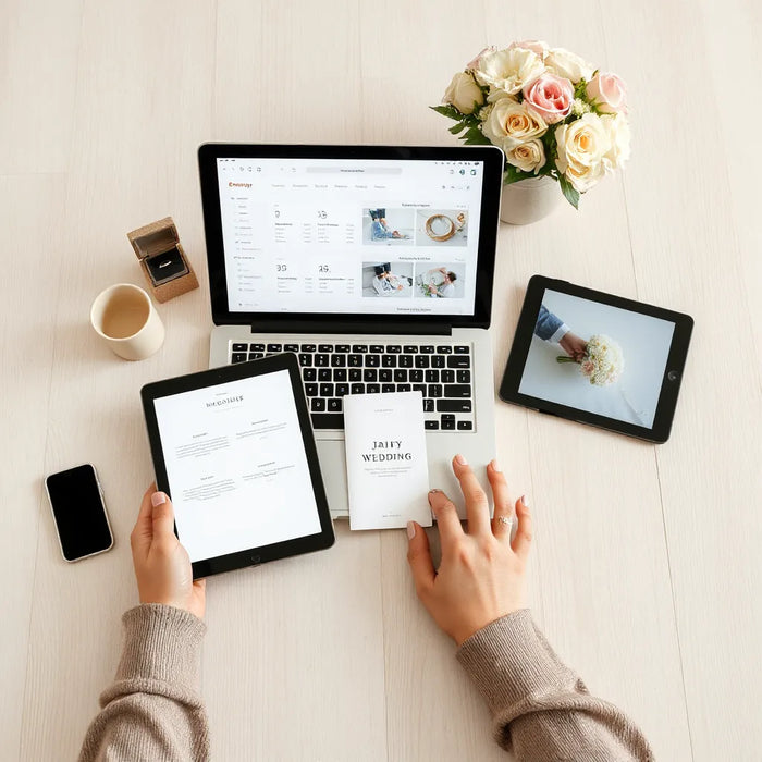Laptop and tablet wedding planning dashboard with elegant stationery and a small bouquet on a light table