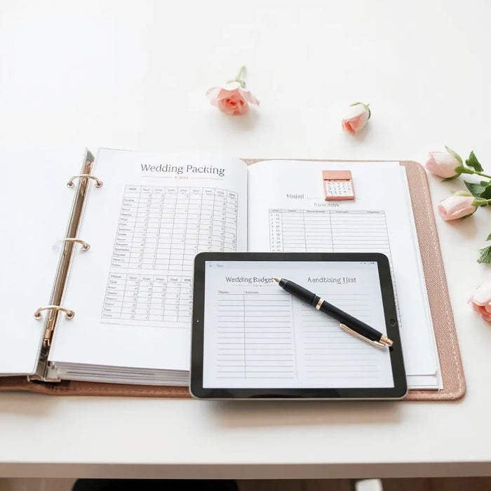 Wedding planning binder with a tablet spreadsheet and handwritten budget list on a clean table