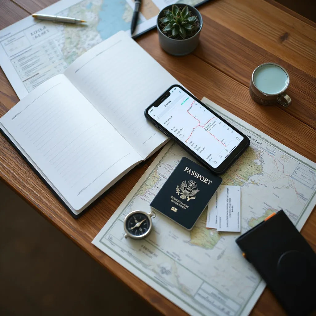 Open travel notebook and map with a highlighted route next to passport and ticket items