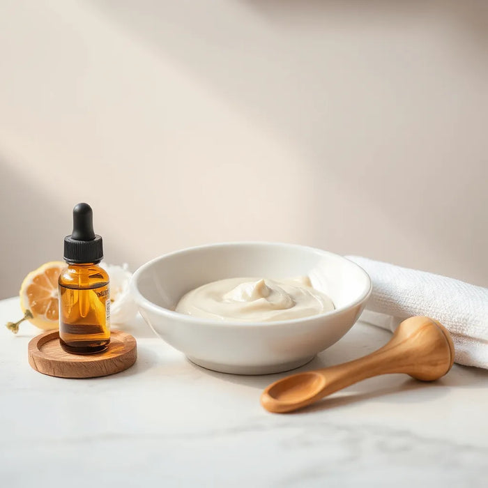 Skincare tools and mask in a minimal vanity setup with soft natural light