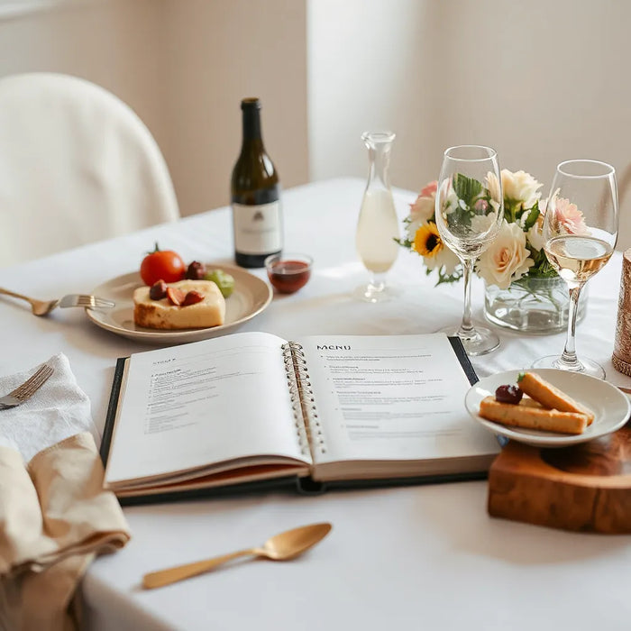 Wedding menu planner notebook on a catering desk beside recipe cards and sample dishes
