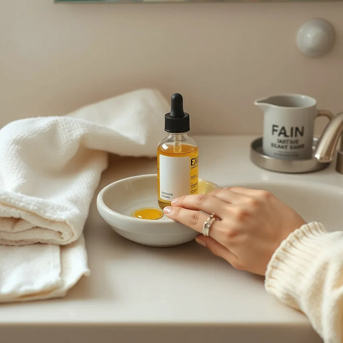 Hand gently massaging cleansing oil on dry skin beside a dropper bottle and ceramic bowl