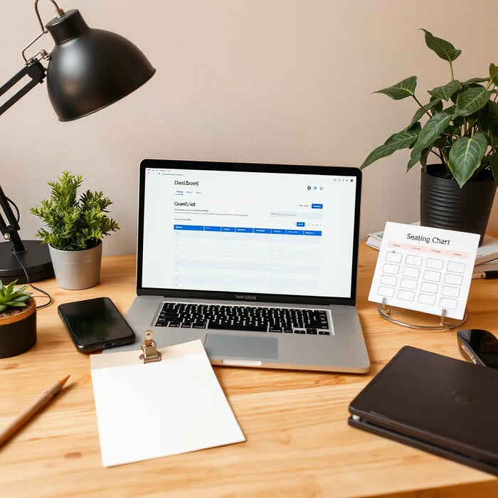 Laptop and phone with a generic guest list dashboard and blank seating chart cards on a tidy desk