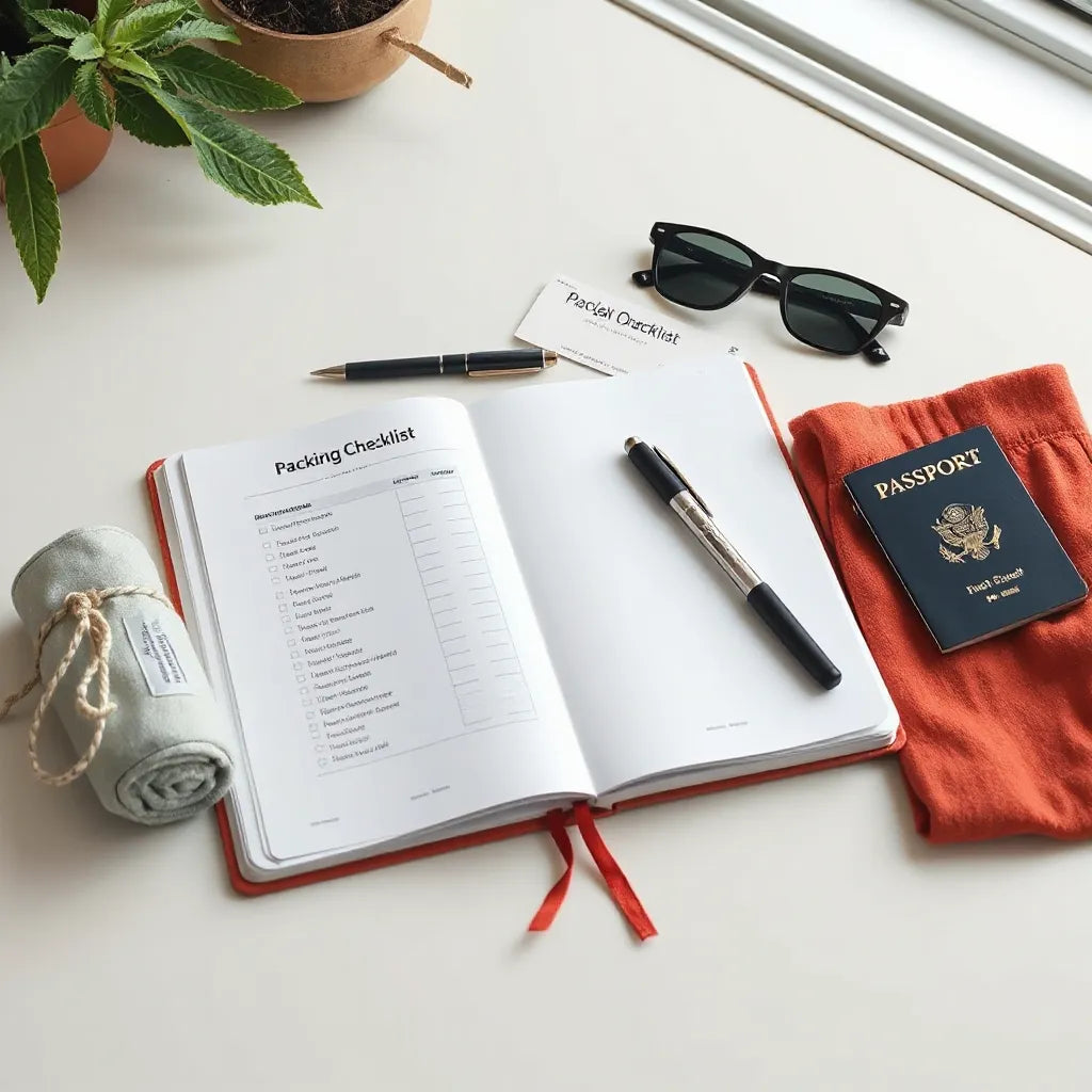 Open travel checklist notebook with neatly folded clothes and travel essentials on a clean tabletop
