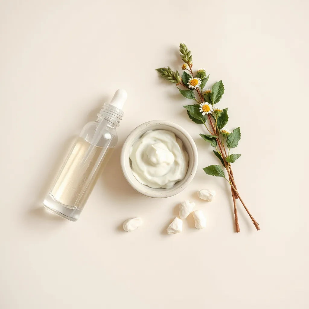 Minimal skincare flat-lay with dropper serum, moisturizer bowl, cotton pads, and chamomile leaves on a light background