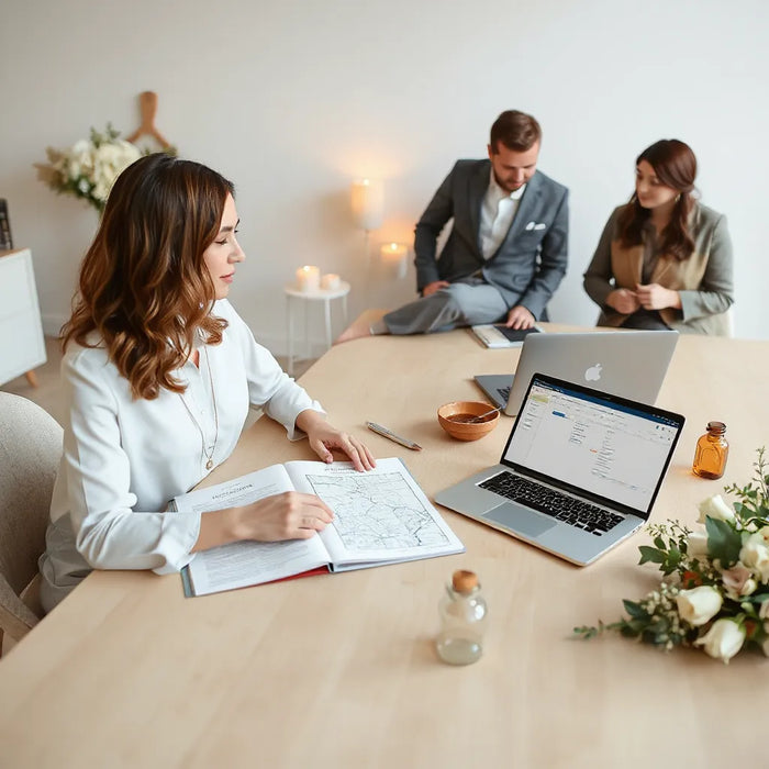 Wedding planner reviewing an open binder with couples at a table with floral decor and venue map