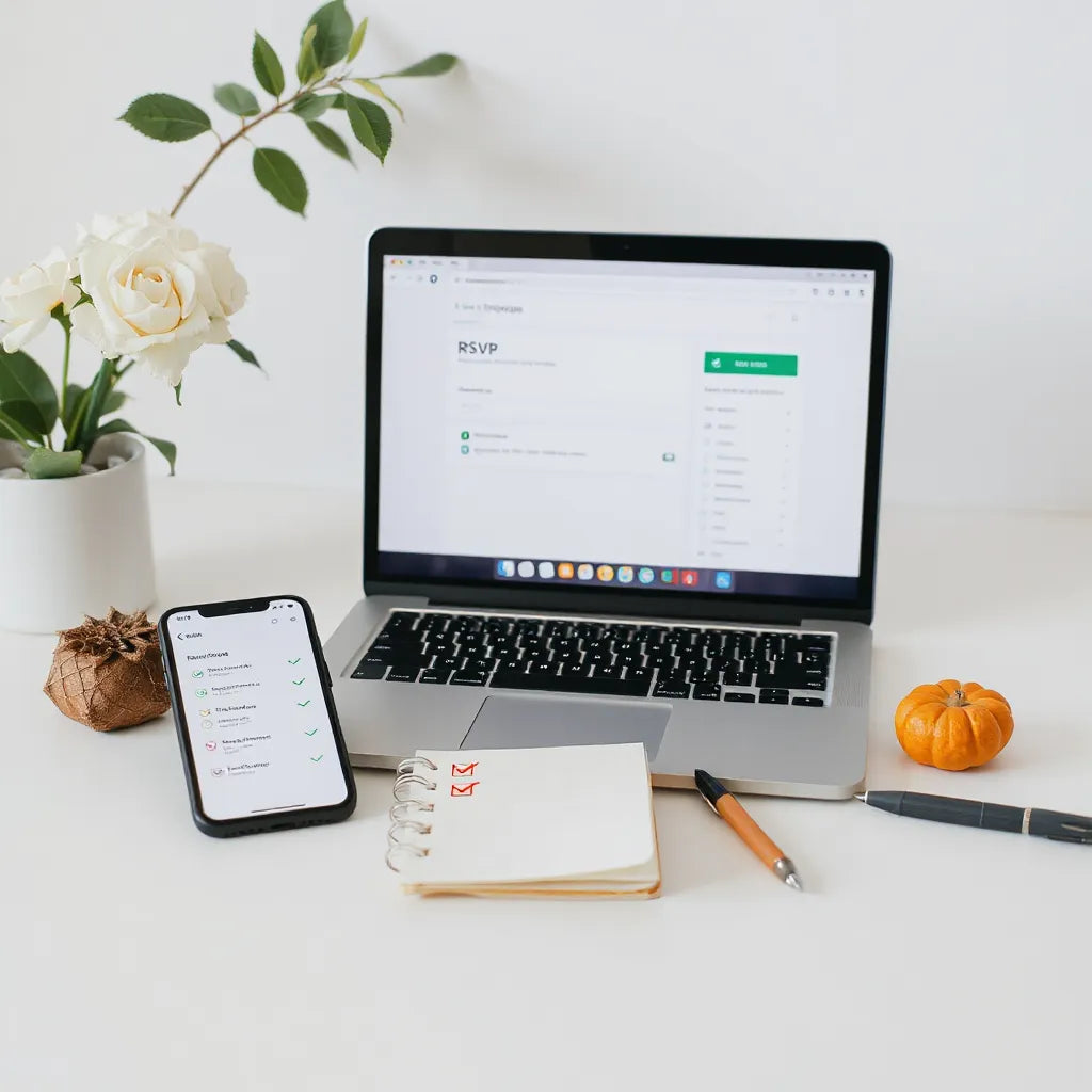 Event planner using a laptop and phone to monitor guest RSVP status