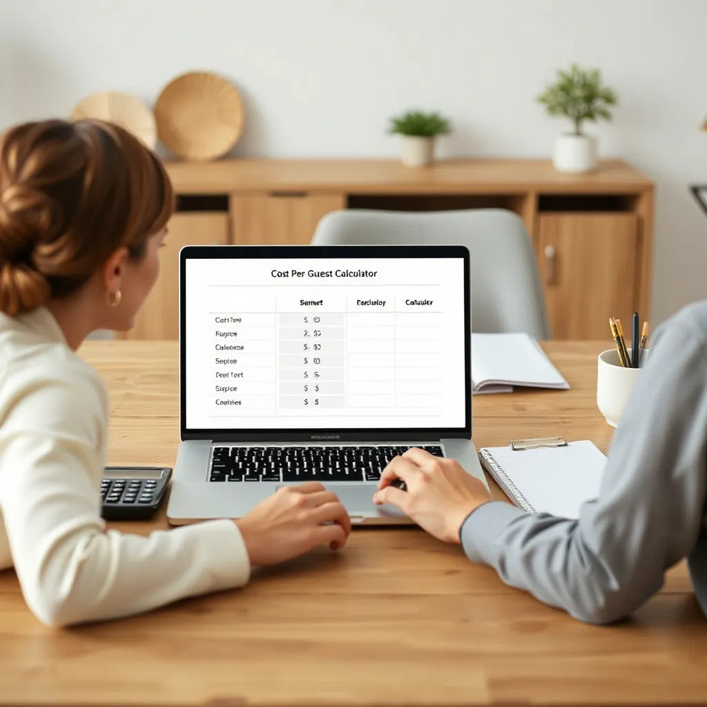 Laptop and calculator on a desk beside a blank budget notepad for estimating wedding cost per guest