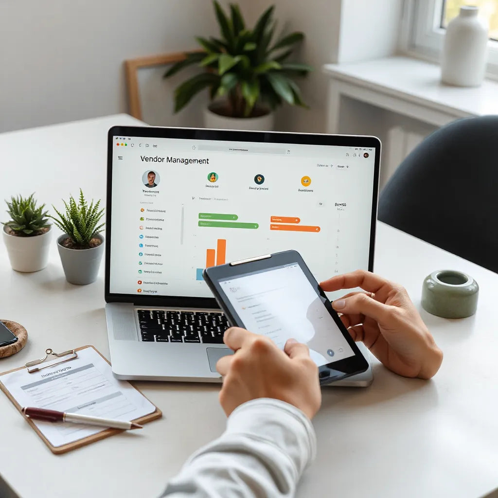 Manager reviewing a vendor onboarding dashboard with workflow status icons on a tablet and laptop