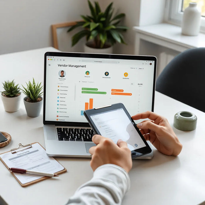 Manager reviewing a vendor onboarding dashboard with workflow status icons on a tablet and laptop