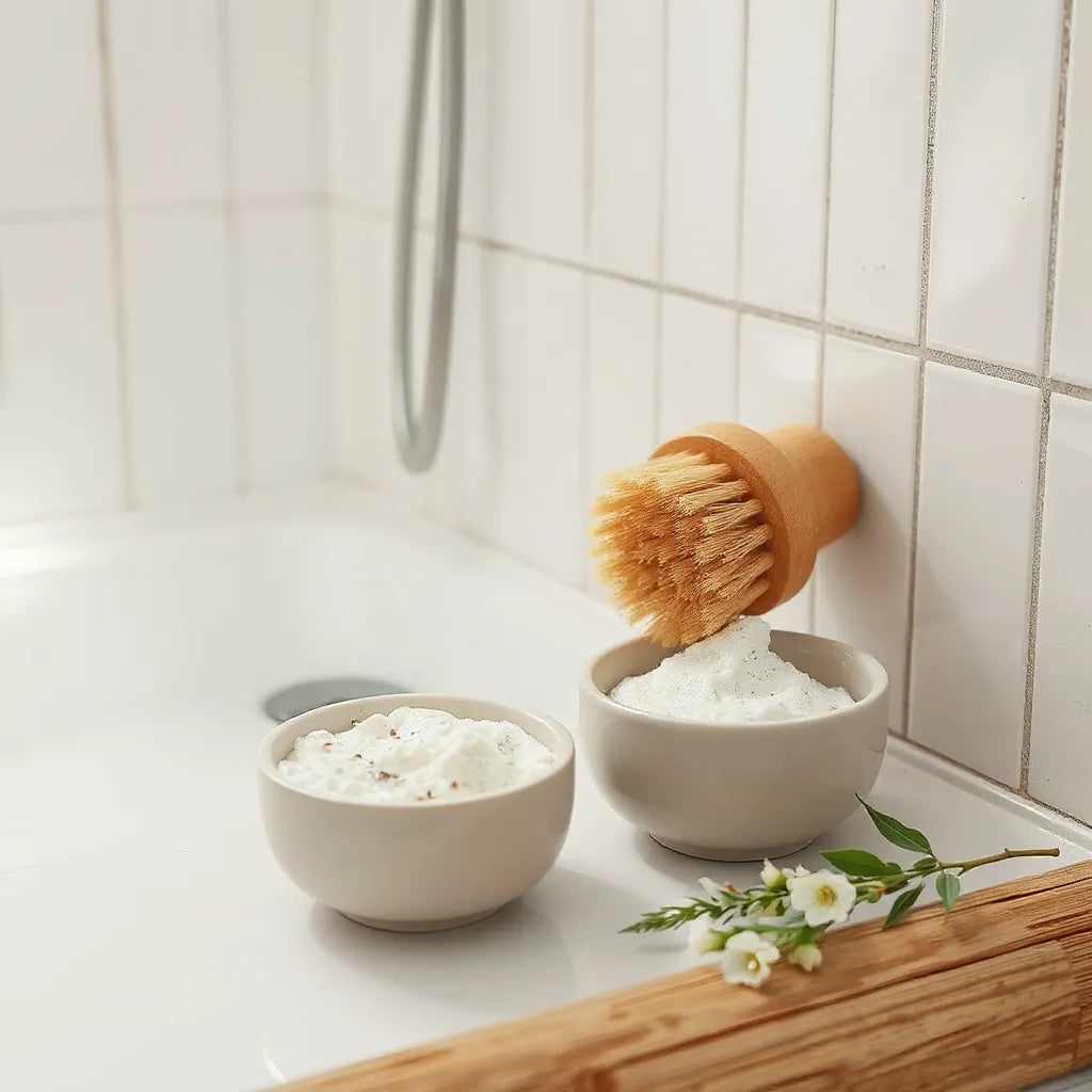Wooden body brush and a bowl of exfoliating scrub on a bathroom countertop