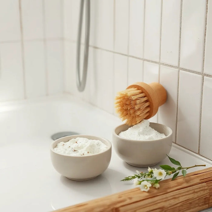 Wooden body brush and a bowl of exfoliating scrub on a bathroom countertop