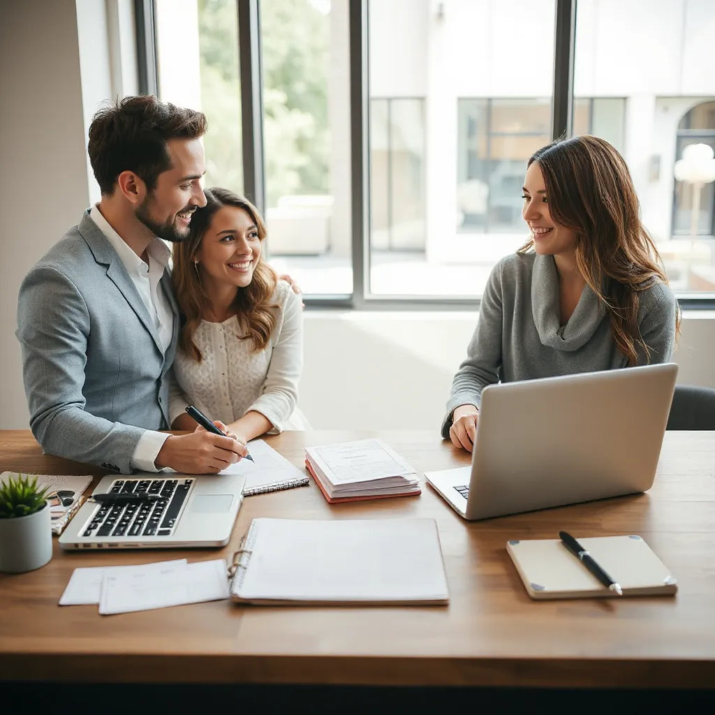 Couple and planner reviewing blank venue comparison cards and floor plans at a wedding venue