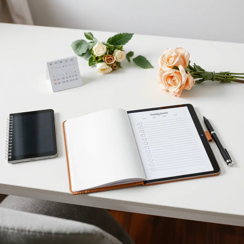 Open planner and checklist on a desk with a bouquet and calendar elements for wedding planning