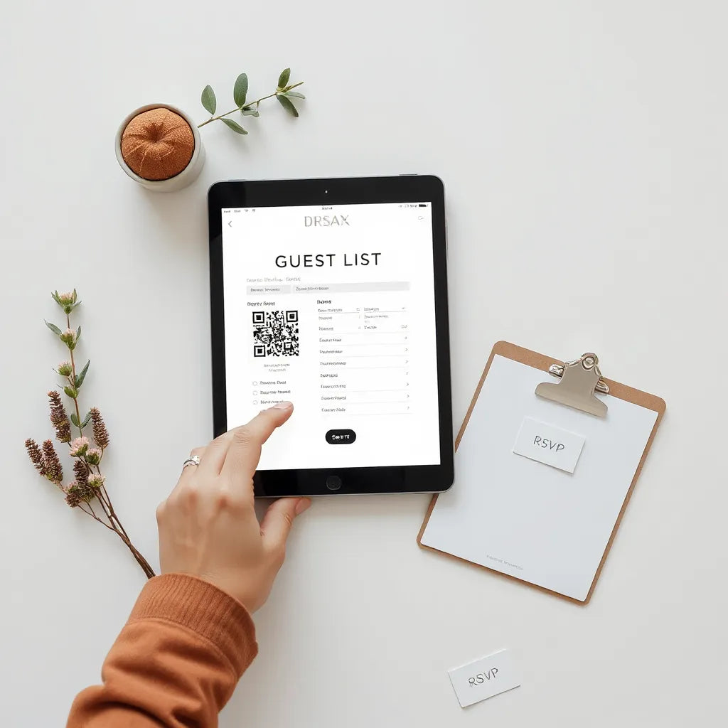 Host scanning a badge at an event check-in while using a tablet for guest list tracking