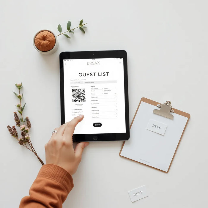Host scanning a badge at an event check-in while using a tablet for guest list tracking