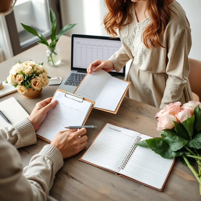 Wedding planner reviewing a clipboard with checklist pages at a tidy desk with flowers nearby