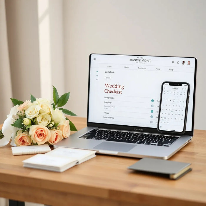 Laptop and phone on a tidy desk with wedding stationery and a small floral bouquet nearby
